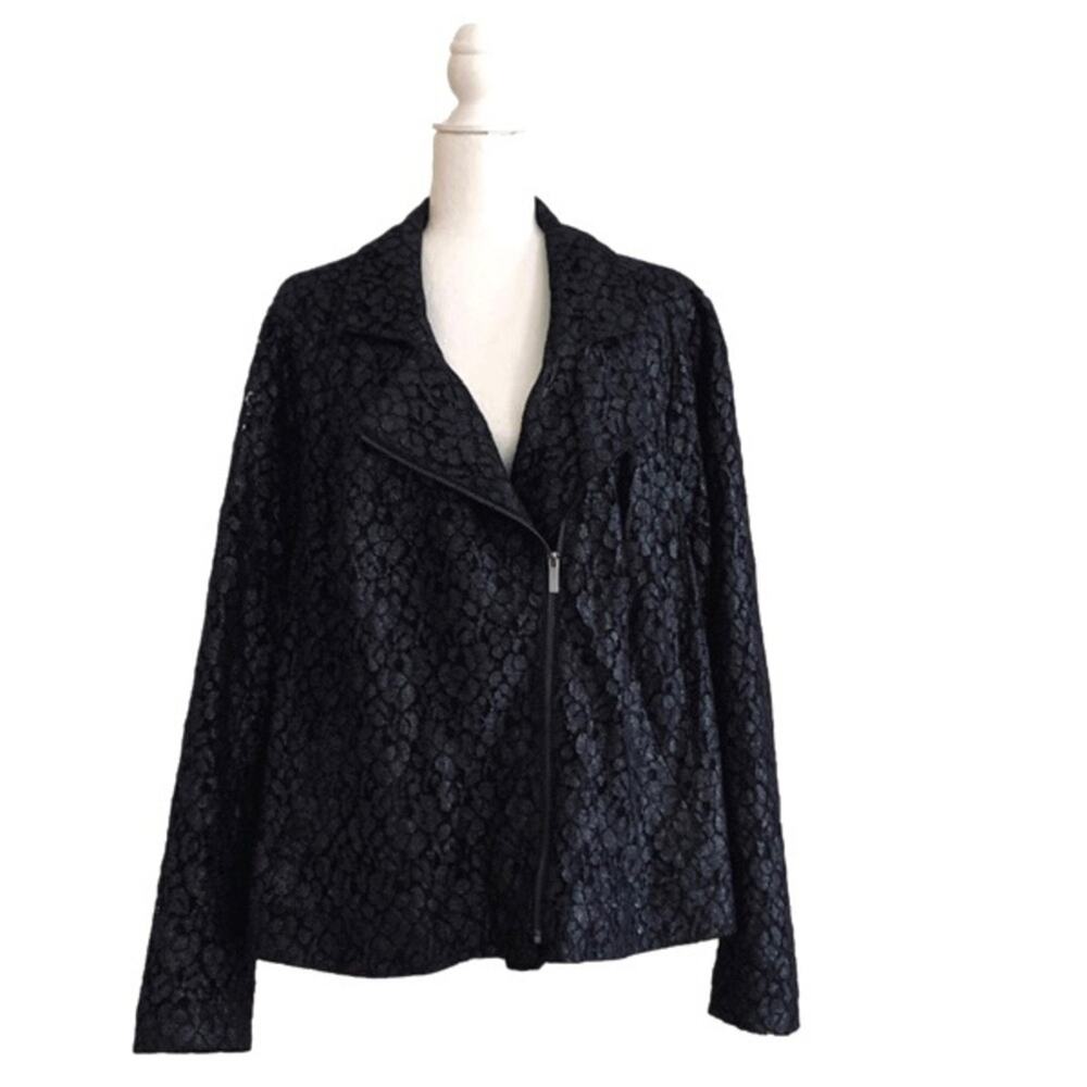 Lane Bryant Blazer Jacket Black Lace Overlay Asymmetrical Zip Coat Woman Size 26